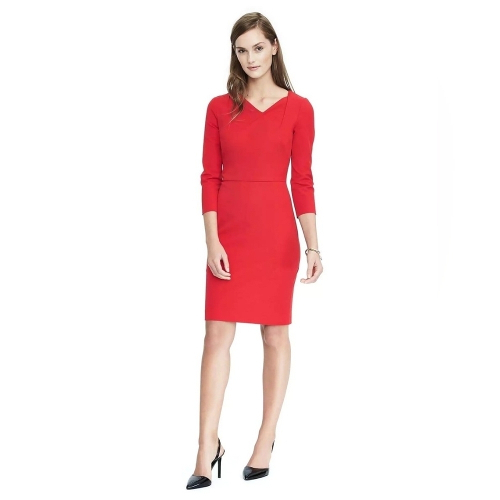 Banana Republic Cherry Red Work Dress Long Sleeve Knee Length 4 Small Petite